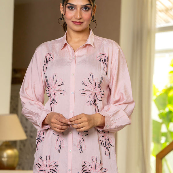Juniper Women Pink Solid Viscose Shirt With Beads Work