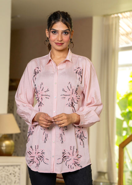 Juniper Women Pink Solid Viscose Shirt With Beads Work