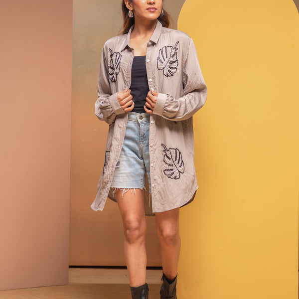 Juniper Grey Solid Viscose Shirt With Beads Work