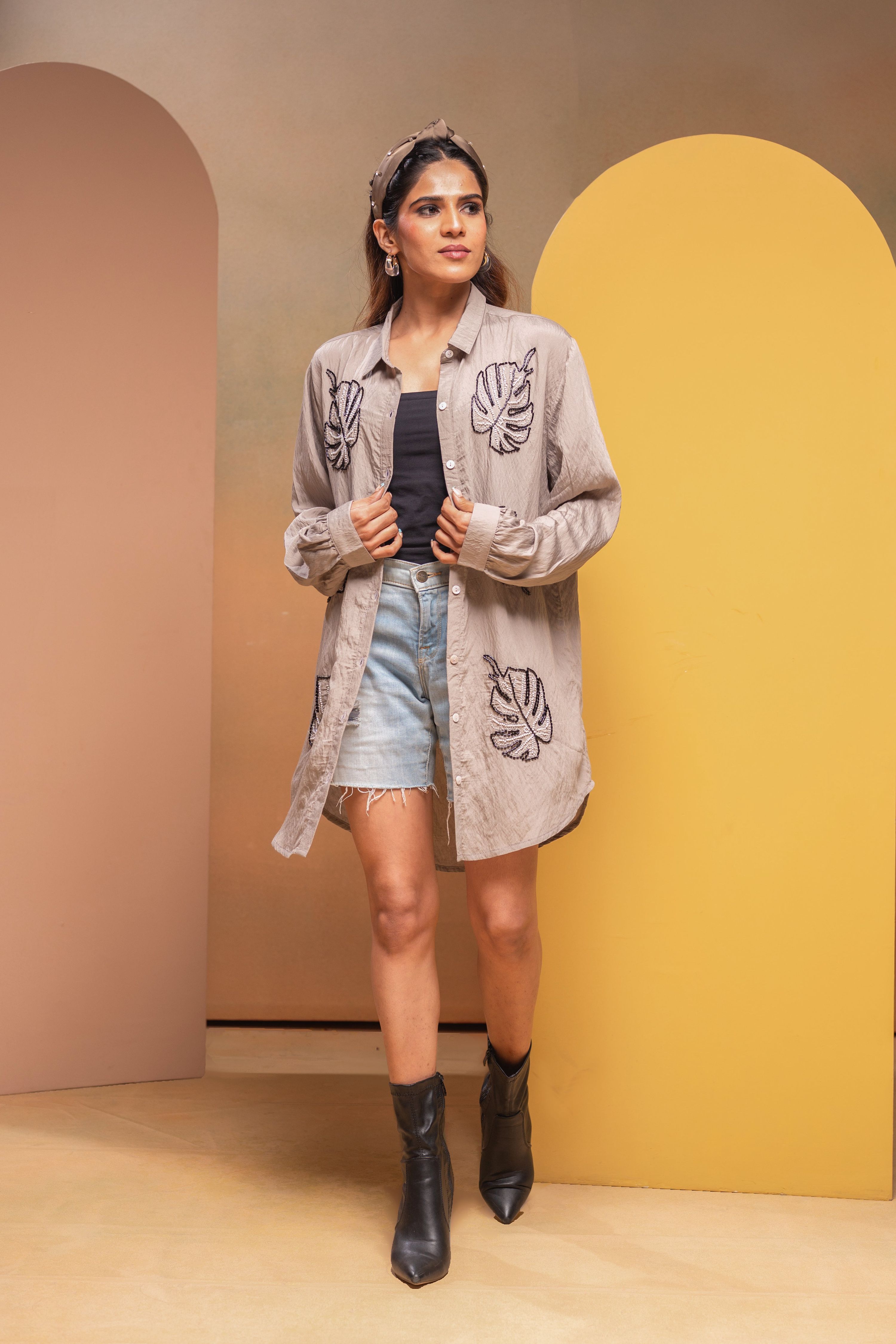 Juniper Grey Solid Viscose Shirt With Beads Work