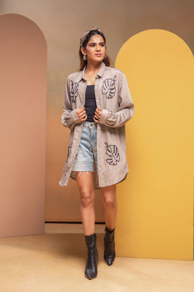 Juniper Grey Solid Viscose Shirt With Beads Work