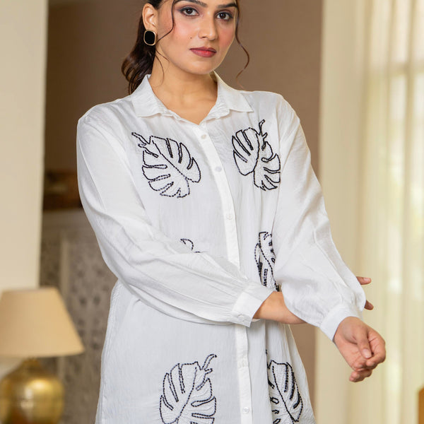 Juniper White Solid Viscose Shirt With Beads Work