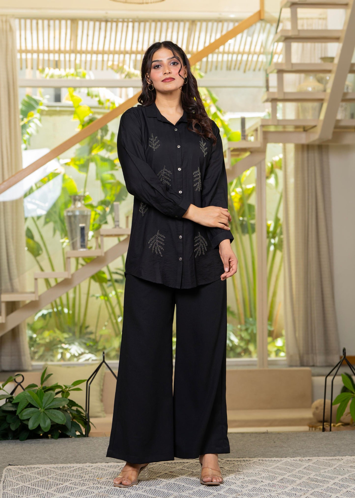 Juniper Black Solid Viscose Shirt With Beads Work - Distacart