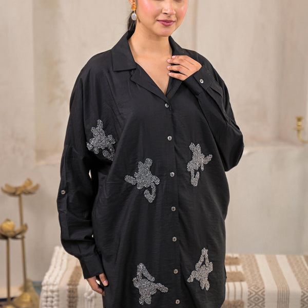 Juniper Black Solid Viscose Shirt With Beads Work
