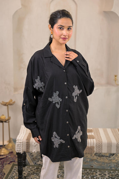 Juniper Black Solid Viscose Shirt With Beads Work