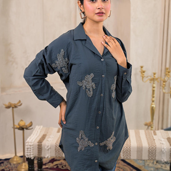 Juniper Grey Solid Viscose Shirt With Beads Work