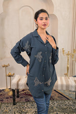 Thumbnail for Juniper Grey Solid Viscose Shirt With Beads Work