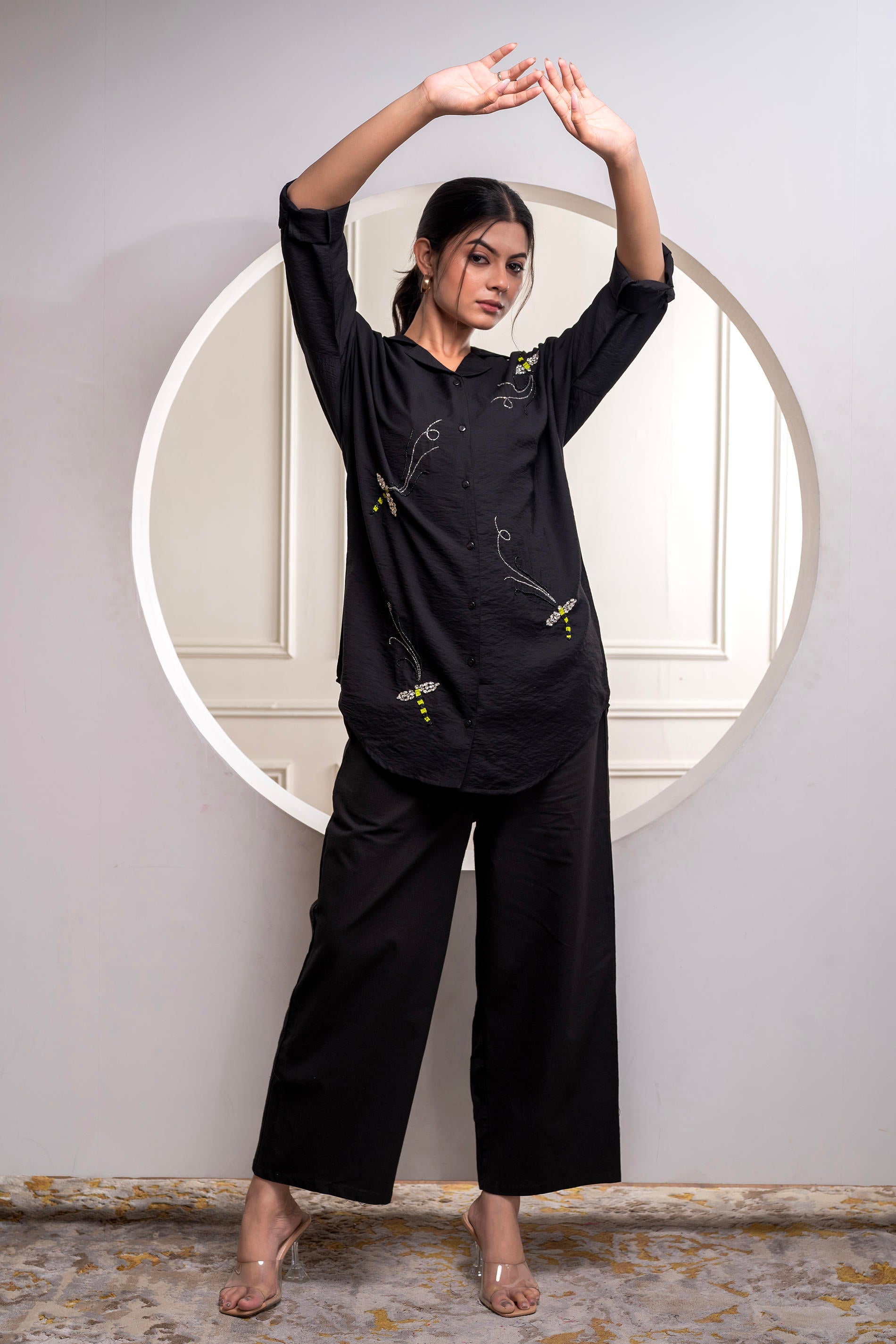 Juniper Black Solid Viscose Shirt With Beads Work