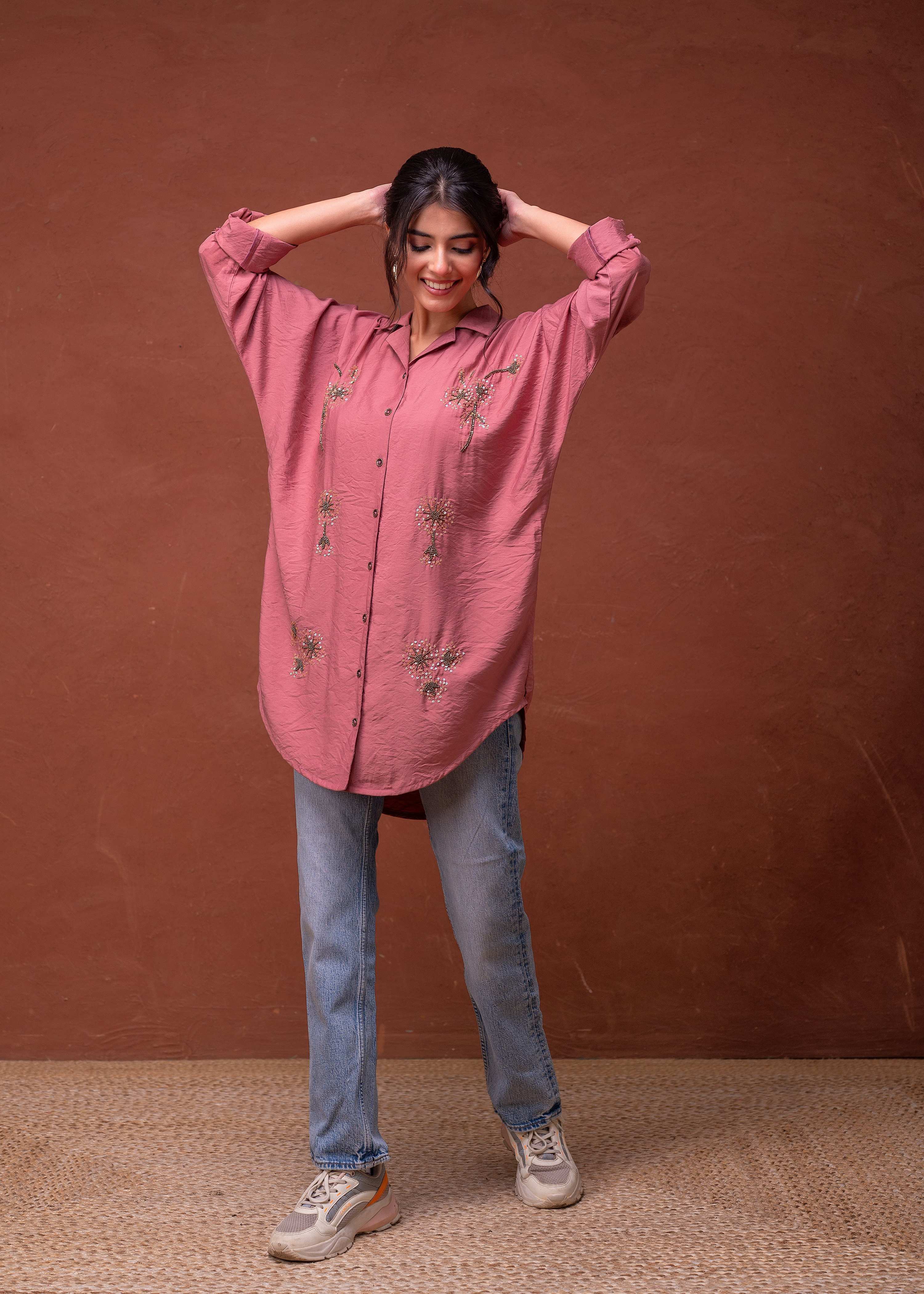 Juniper Viscose Dusty Pink Embellished Shirt With Sequin & Bead Details