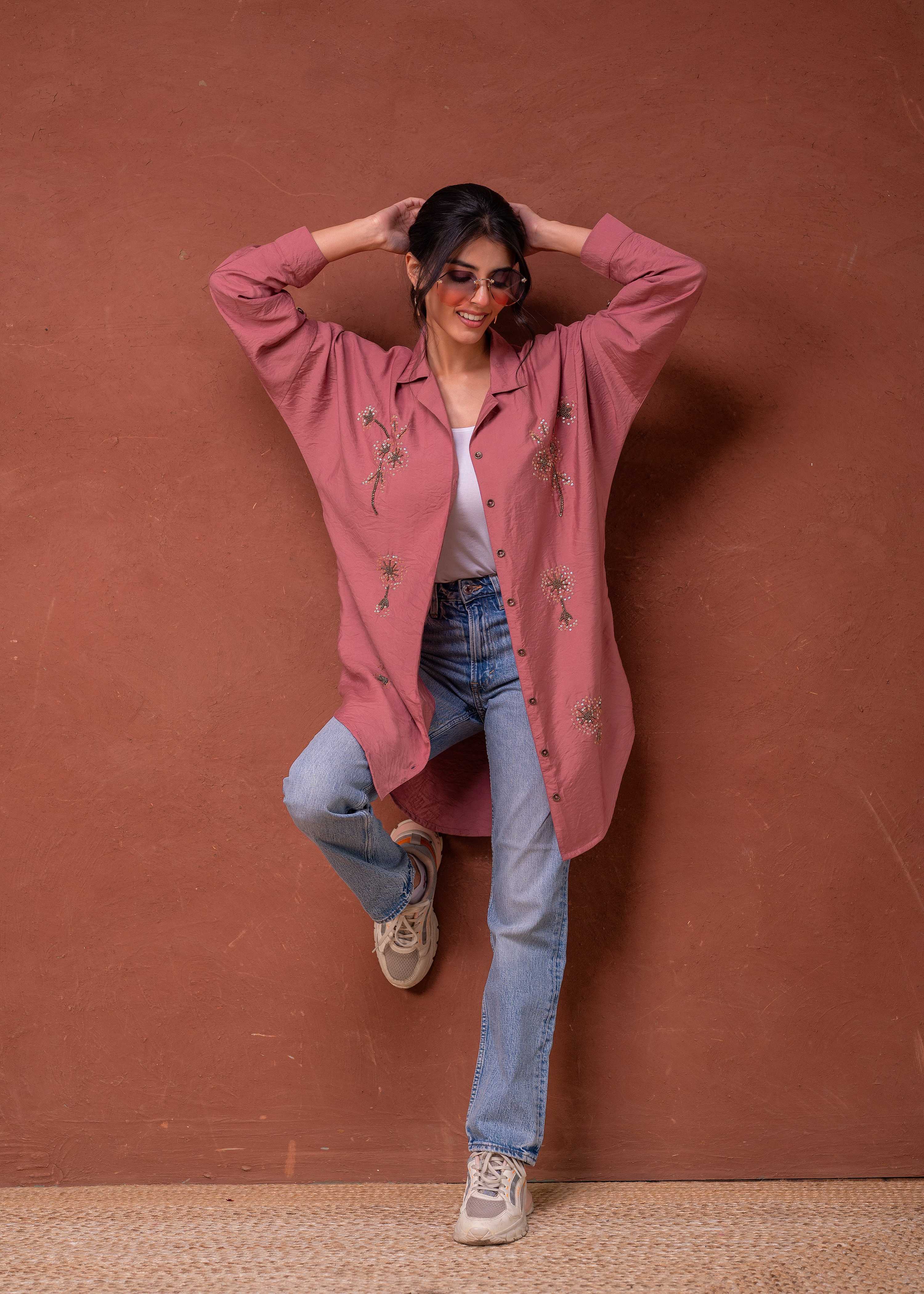 Juniper Viscose Dusty Pink Embellished Shirt With Sequin & Bead Details