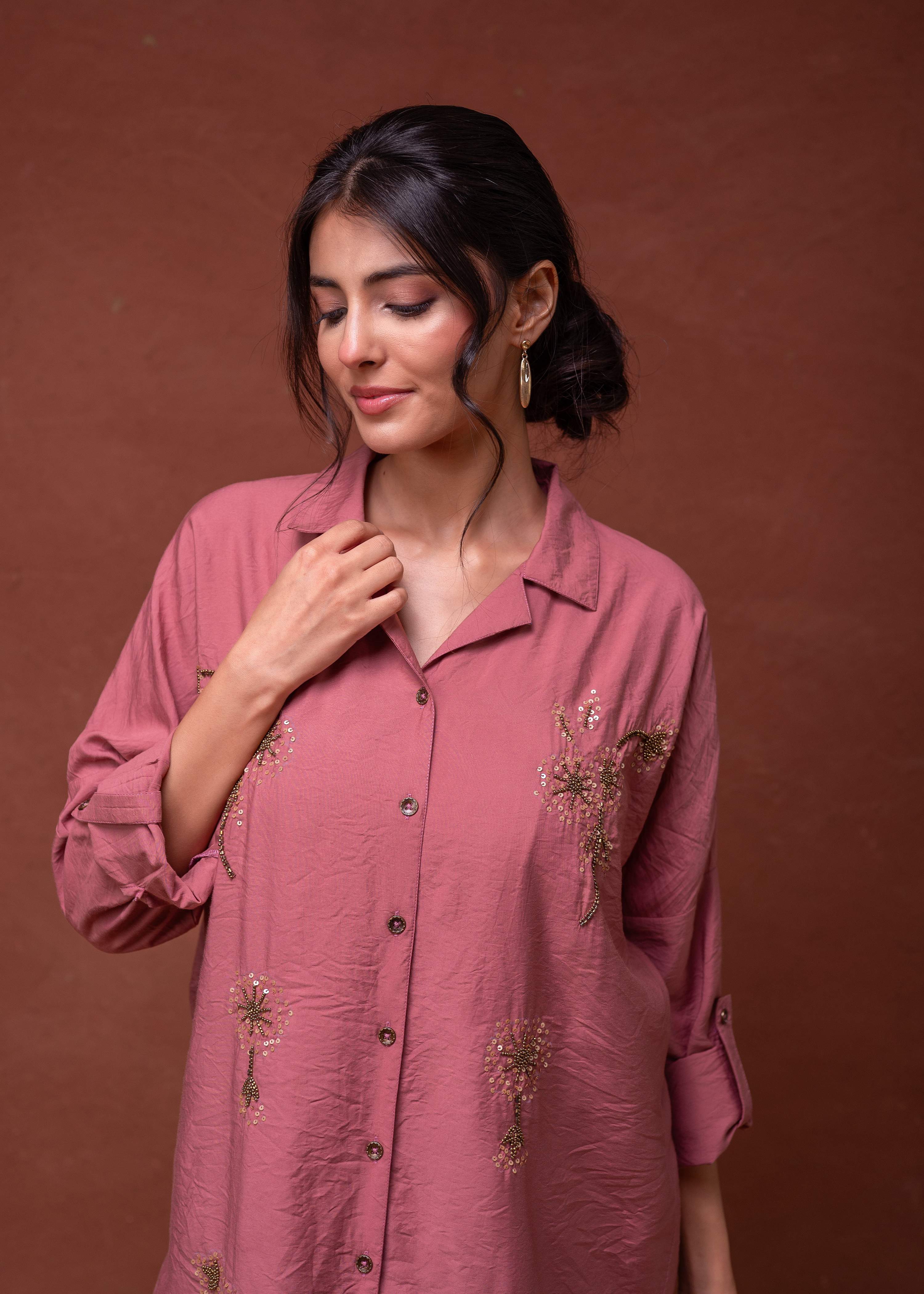 Juniper Viscose Dusty Pink Embellished Shirt With Sequin & Bead Details