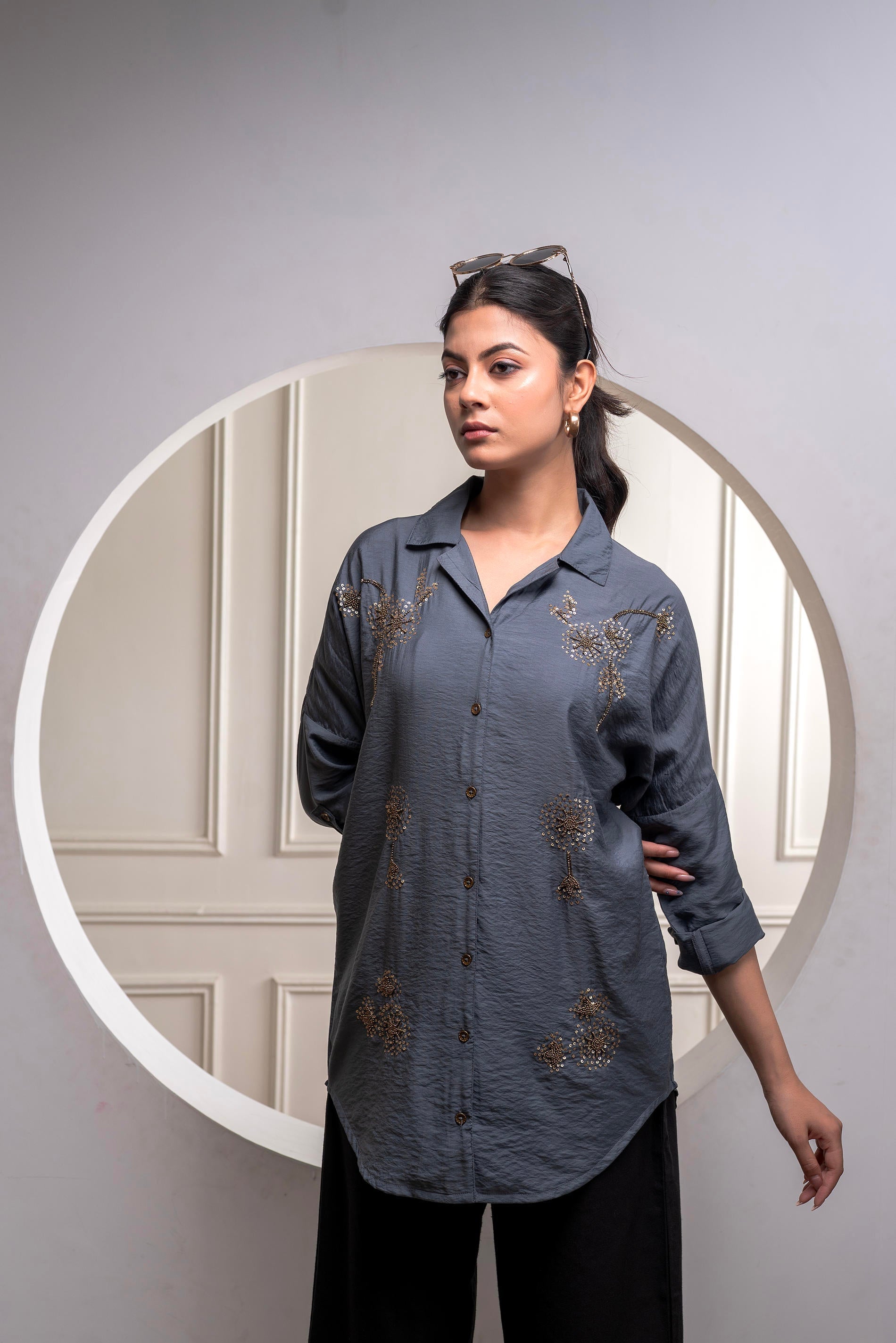 Juniper Viscose Grey Embellished Shirt With Sequin & Bead Details