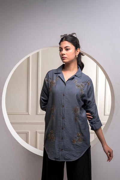Juniper Viscose Grey Embellished Shirt With Sequin & Bead Details