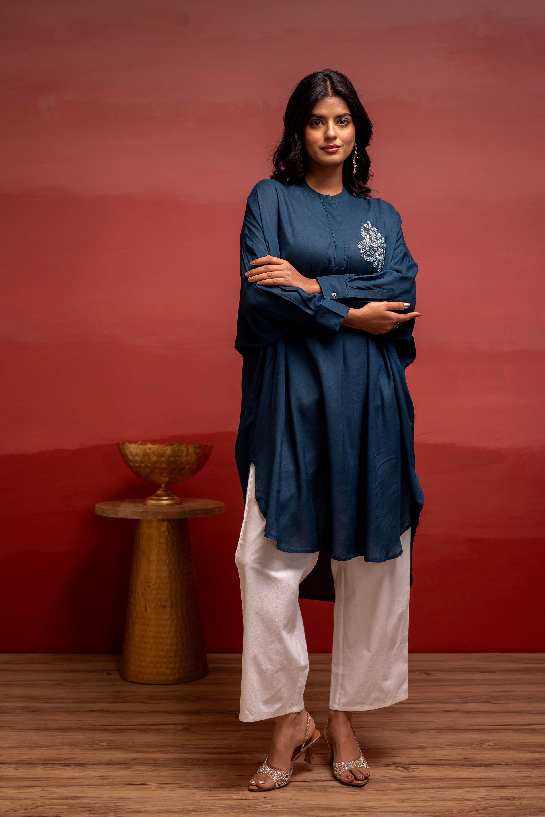 Juniper Viscose Blue Embellished Shirt With Sequin & Bead Details