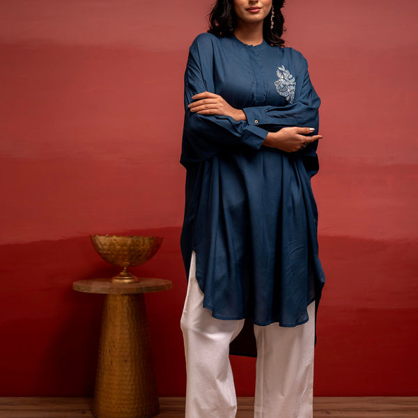 Juniper Viscose Blue Embellished Shirt With Sequin & Bead Details