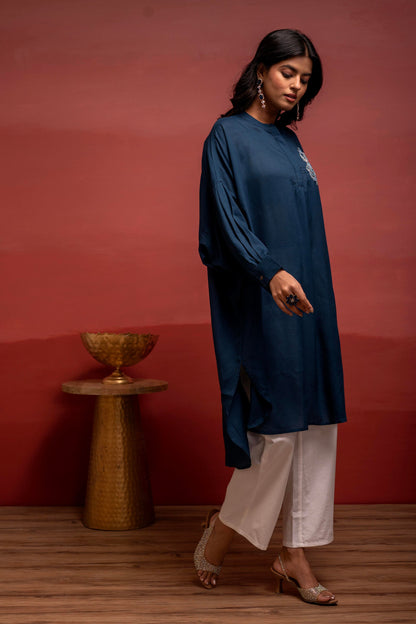 Juniper Viscose Blue Embellished Shirt With Sequin & Bead Details - Distacart