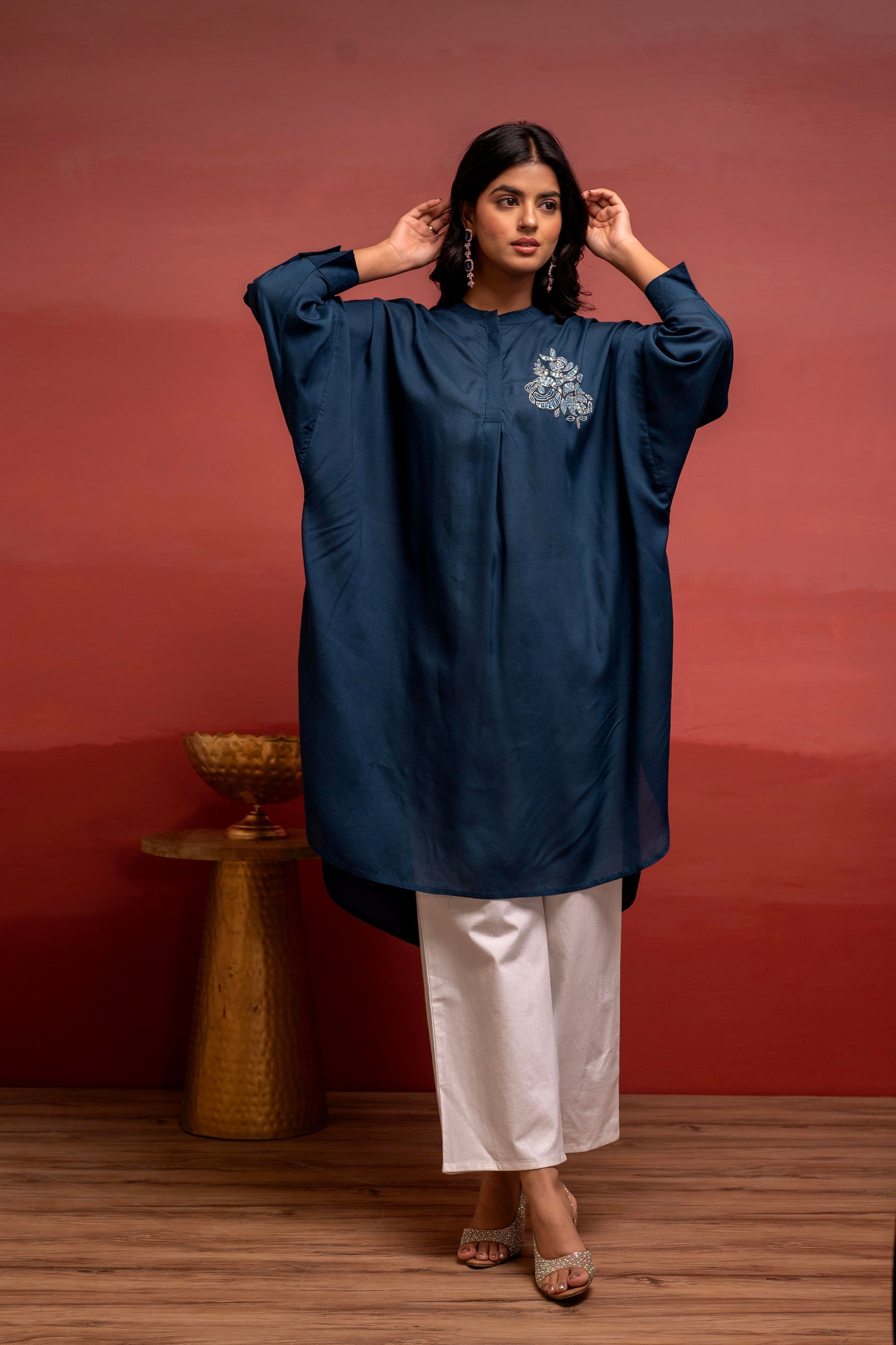 Juniper Viscose Blue Embellished Shirt With Sequin & Bead Details