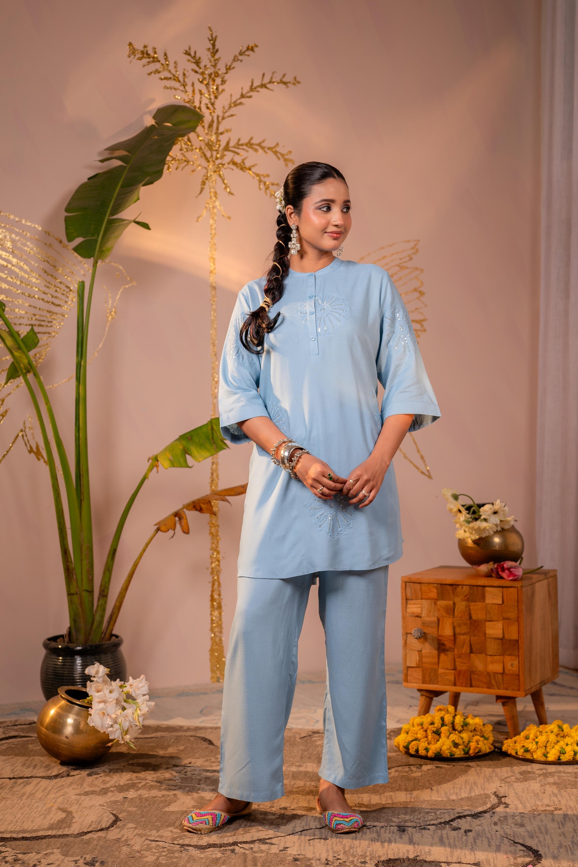 Juniper Blue Whisper Embroidered Comfort Co-ord - Distacart