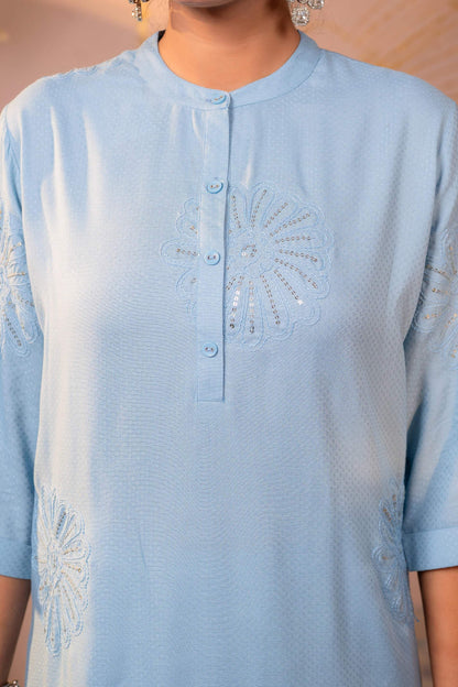 Juniper Blue Whisper Embroidered Comfort Co-ord - Distacart