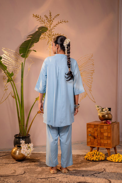 Juniper Blue Whisper Embroidered Comfort Co-ord - Distacart