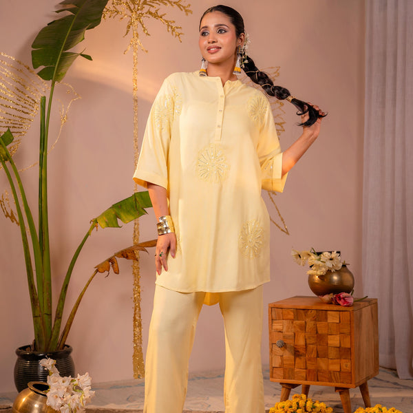 Juniper Light Yellow Whisper Embroidered Comfort Co-ord - Distacart