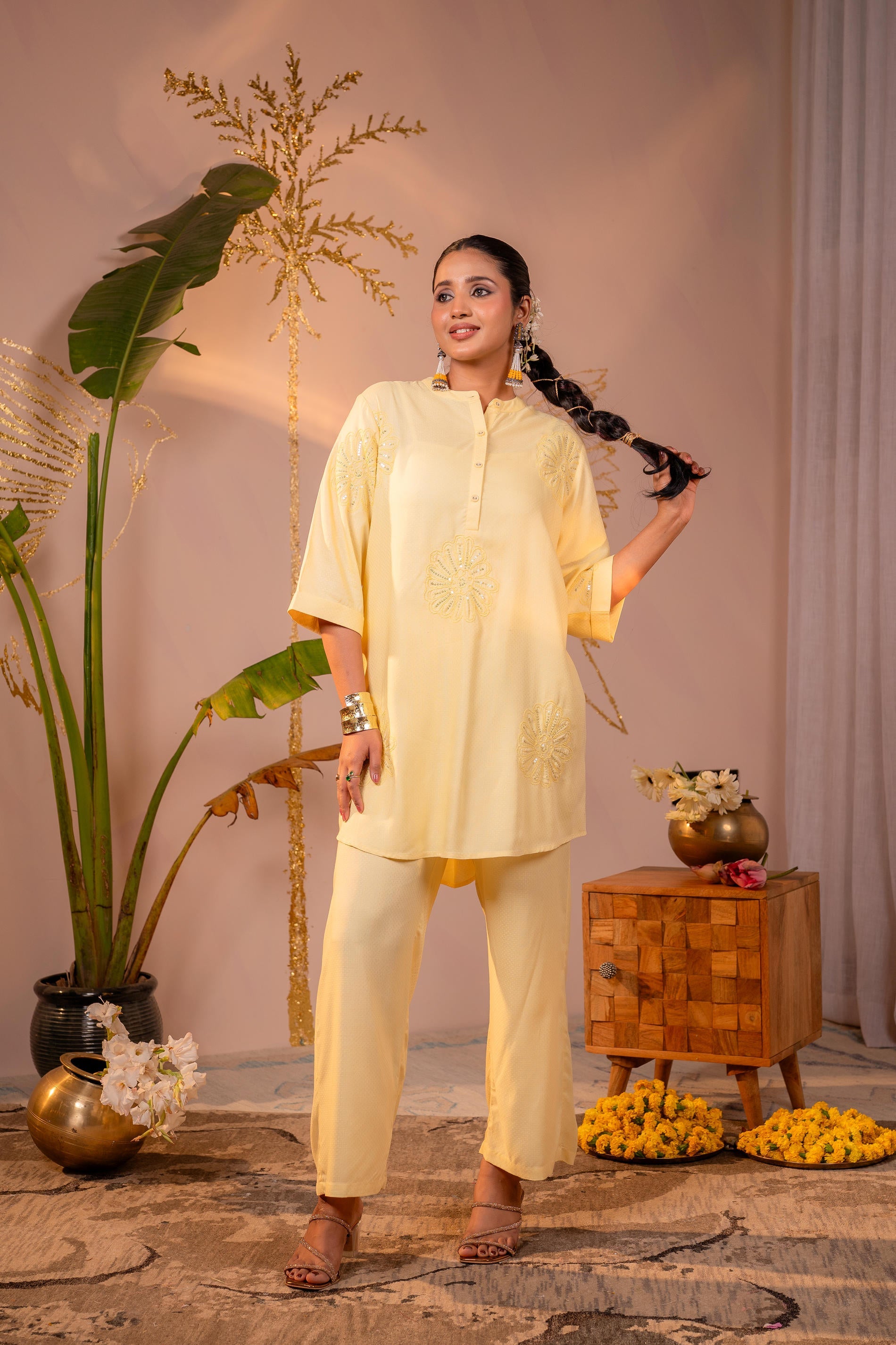 Juniper Light Yellow Whisper Embroidered Comfort Co-ord - Distacart