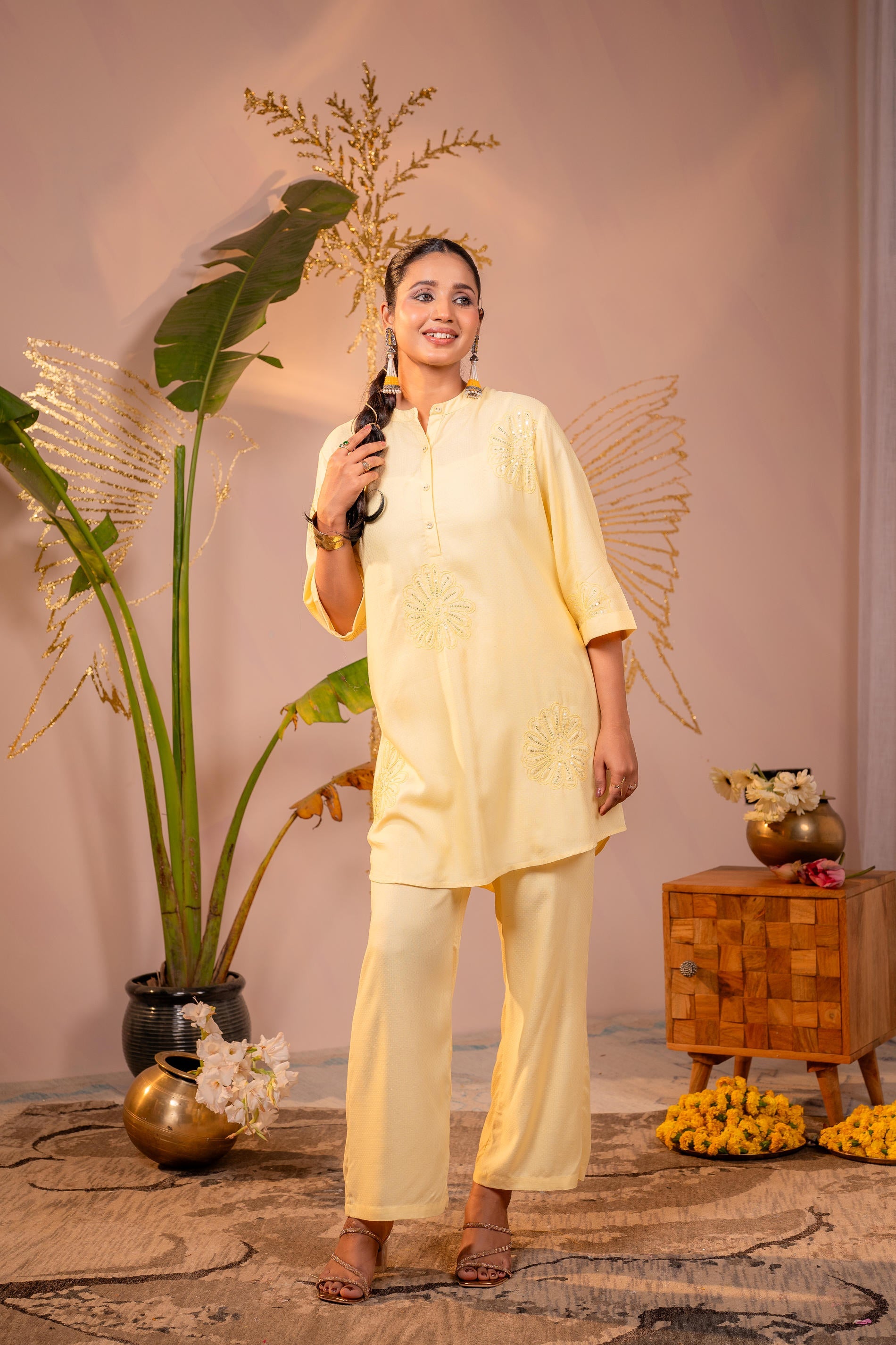 Juniper Light Yellow Whisper Embroidered Comfort Co-ord - Distacart