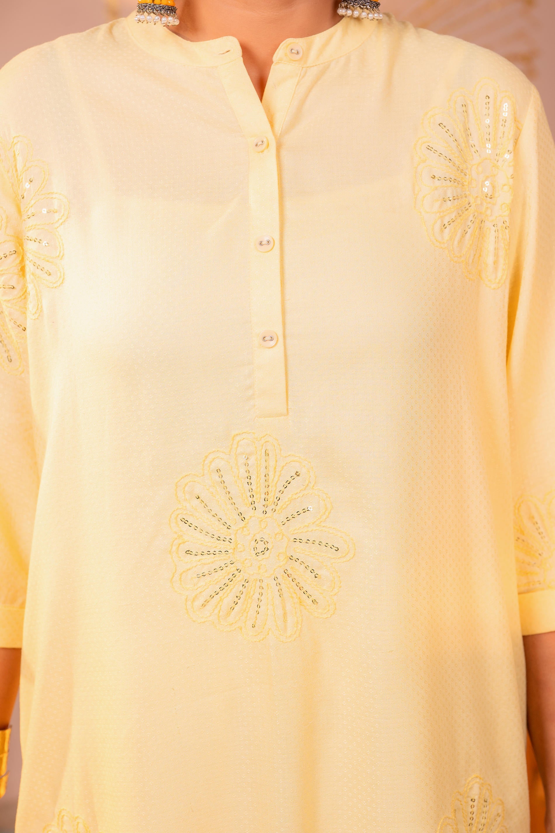 Juniper Light Yellow Whisper Embroidered Comfort Co-ord - Distacart