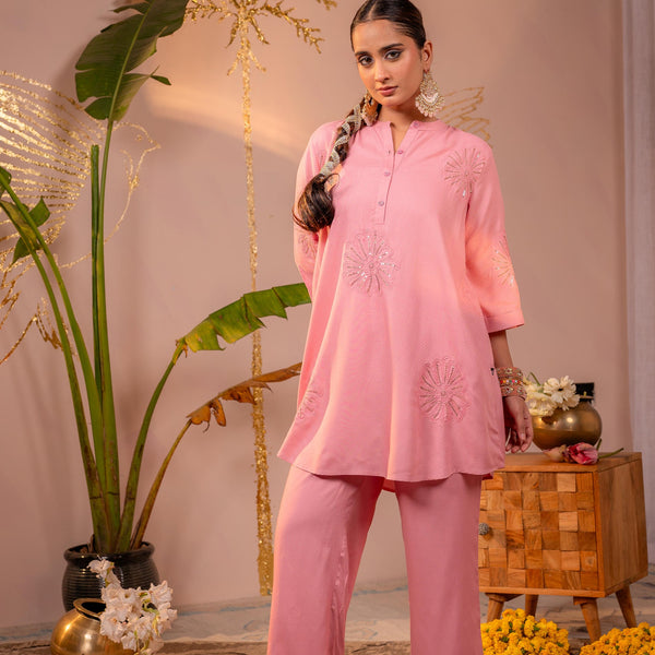 Juniper Pink Whisper Embroidered Comfort Co-ord - Distacart