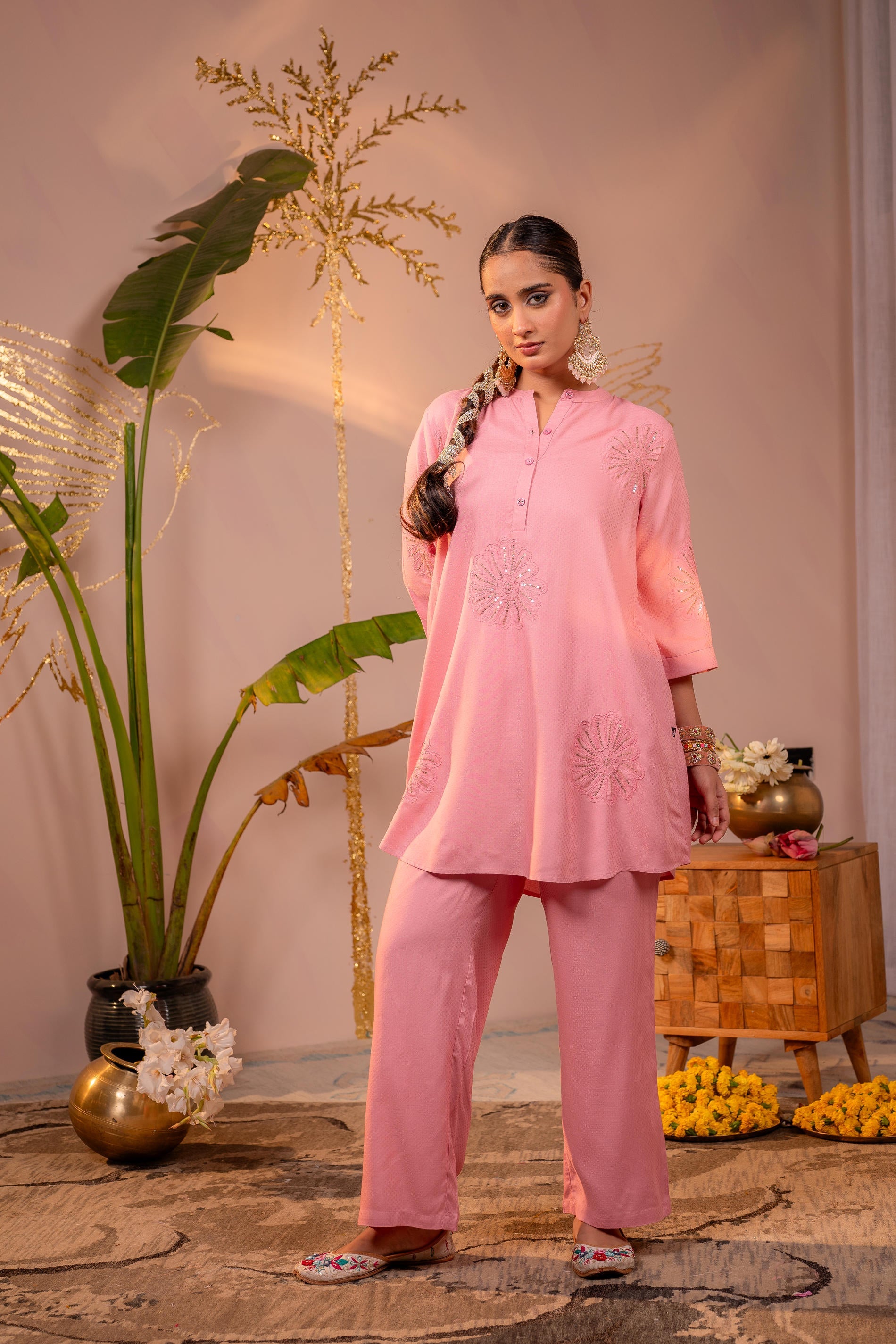 Juniper Pink Whisper Embroidered Comfort Co-ord - Distacart