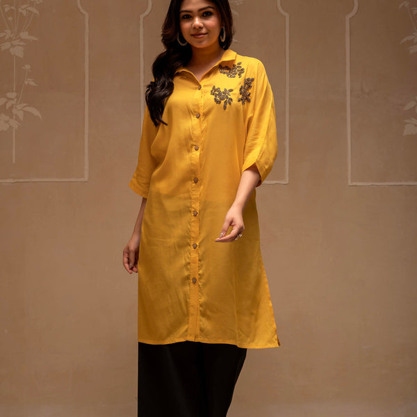 Juniper Mustard Solid Viscose Shirt With Beads Work