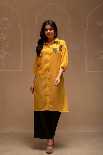 Juniper Mustard Solid Viscose Shirt With Beads Work - Distacart