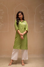 Thumbnail for Juniper Sage Green Solid Viscose Shirt With Beads And Sequence Work