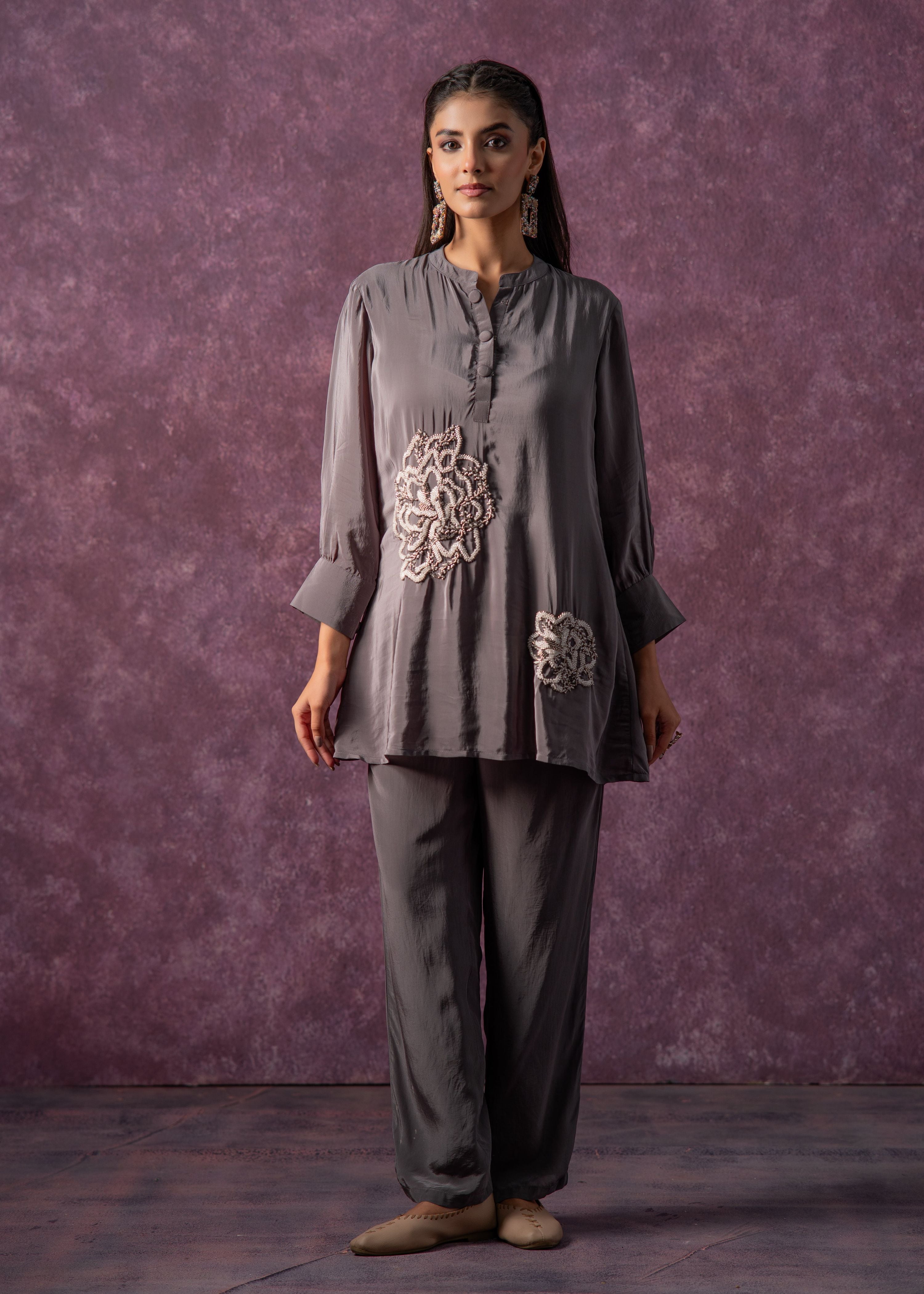 Juniper Viscose Grey Embellished Tunic And Pant Co-Ord Set With Bead Details - Distacart