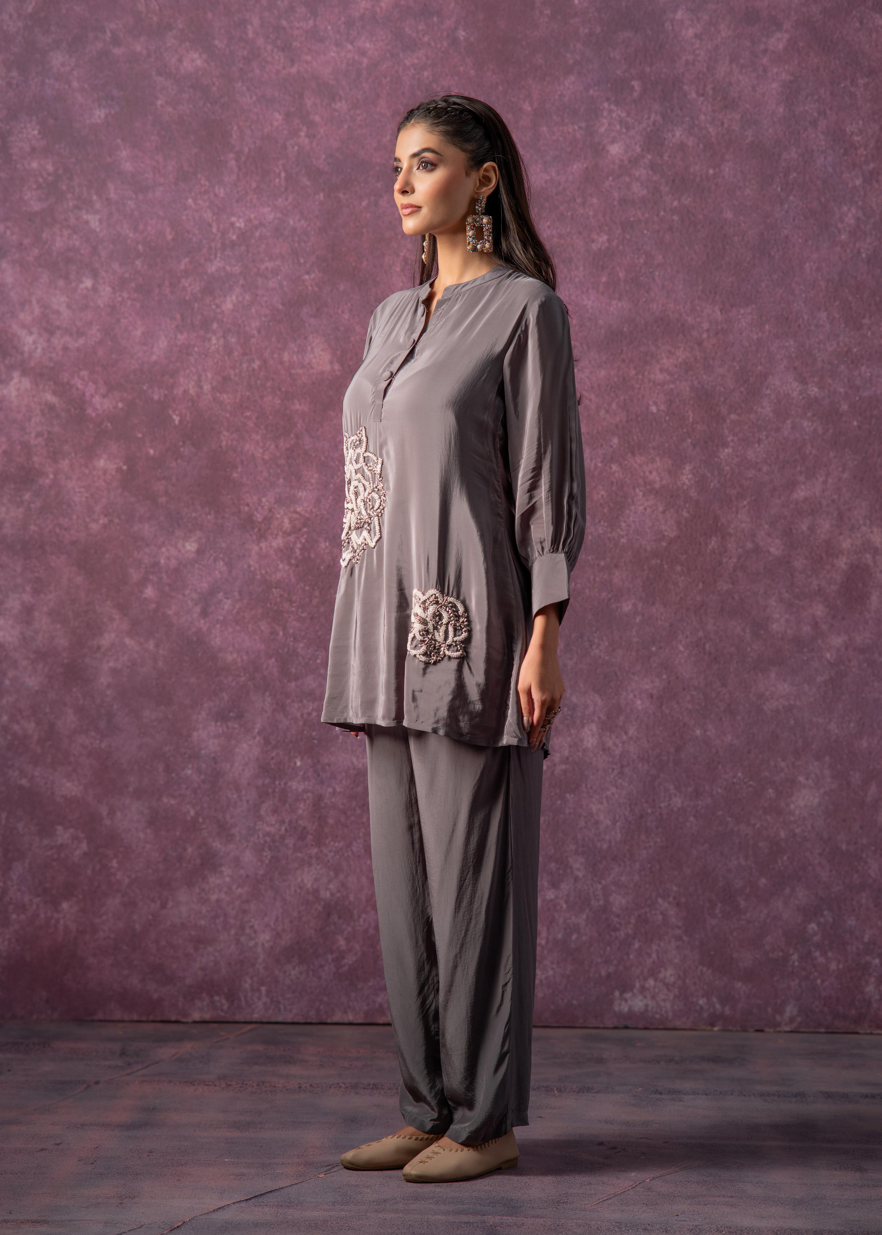 Juniper Viscose Grey Embellished Tunic And Pant Co-Ord Set With Bead Details