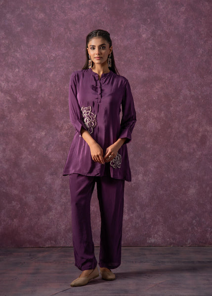 Juniper Viscose Purple Embellished Tunic And Pant Co-Ord Set With Bead Details
