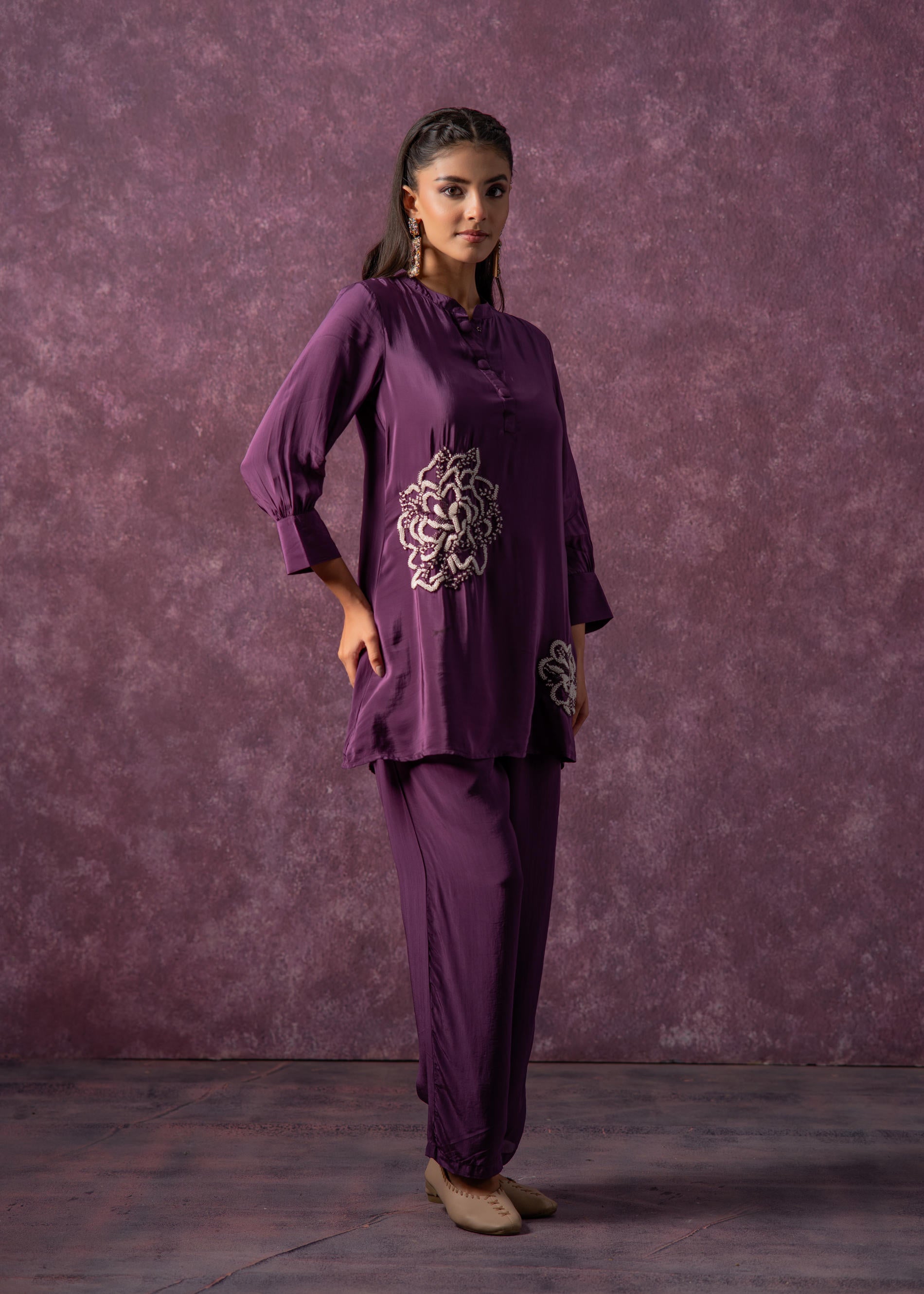 Juniper Viscose Purple Embellished Tunic And Pant Co-Ord Set With Bead Details