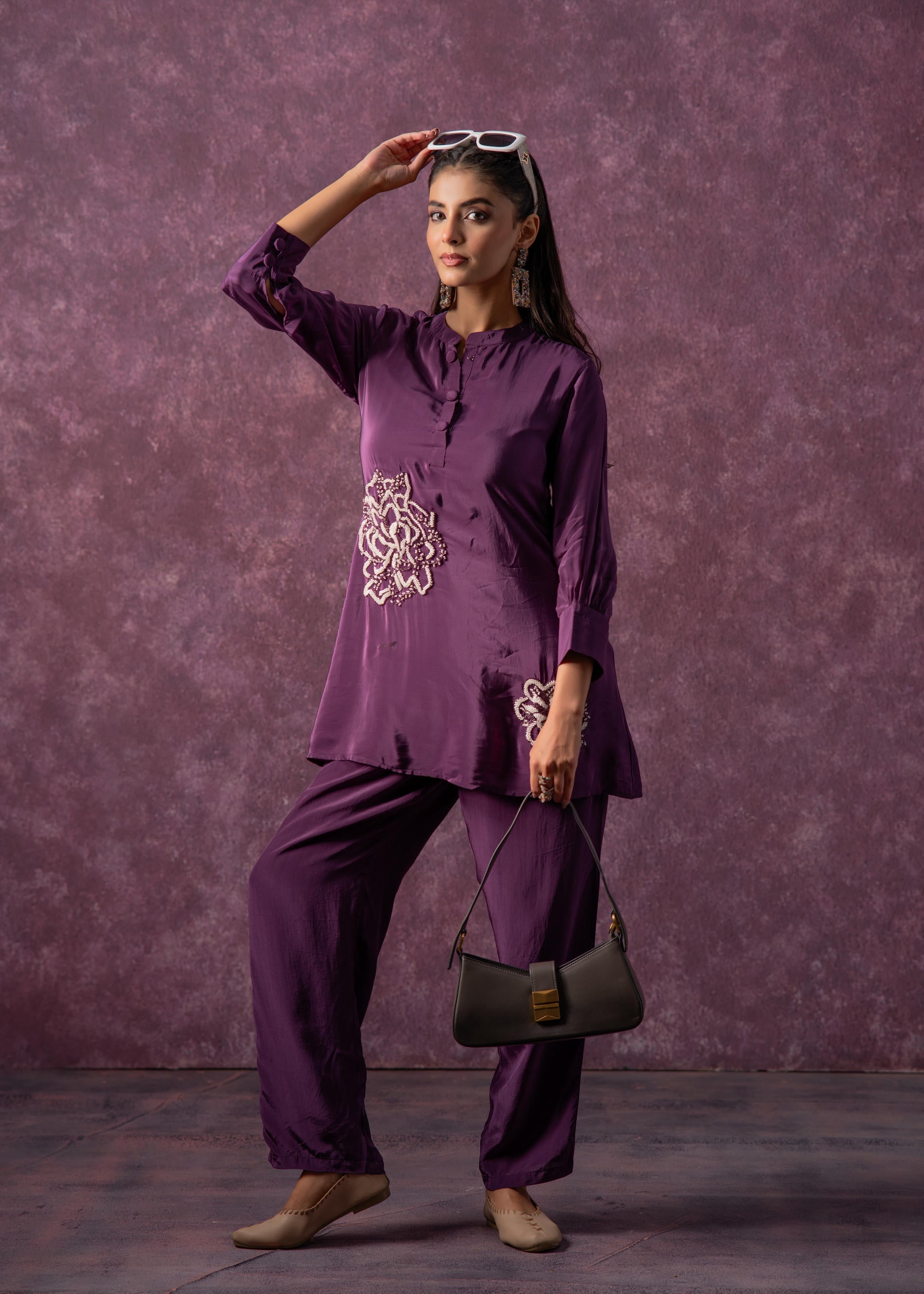 Juniper Viscose Purple Embellished Tunic And Pant Co-Ord Set With Bead Details