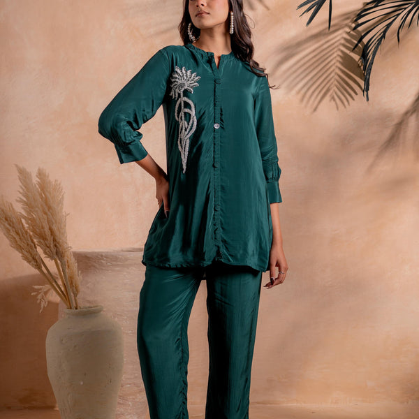 Juniper Bottle Green Embellished Viscose Co-Ord Set With Bead Detailing