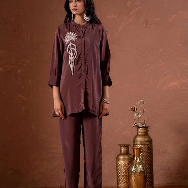 Juniper Coffee Brown Embellished Viscose Co-Ord Set With Bead Detailing