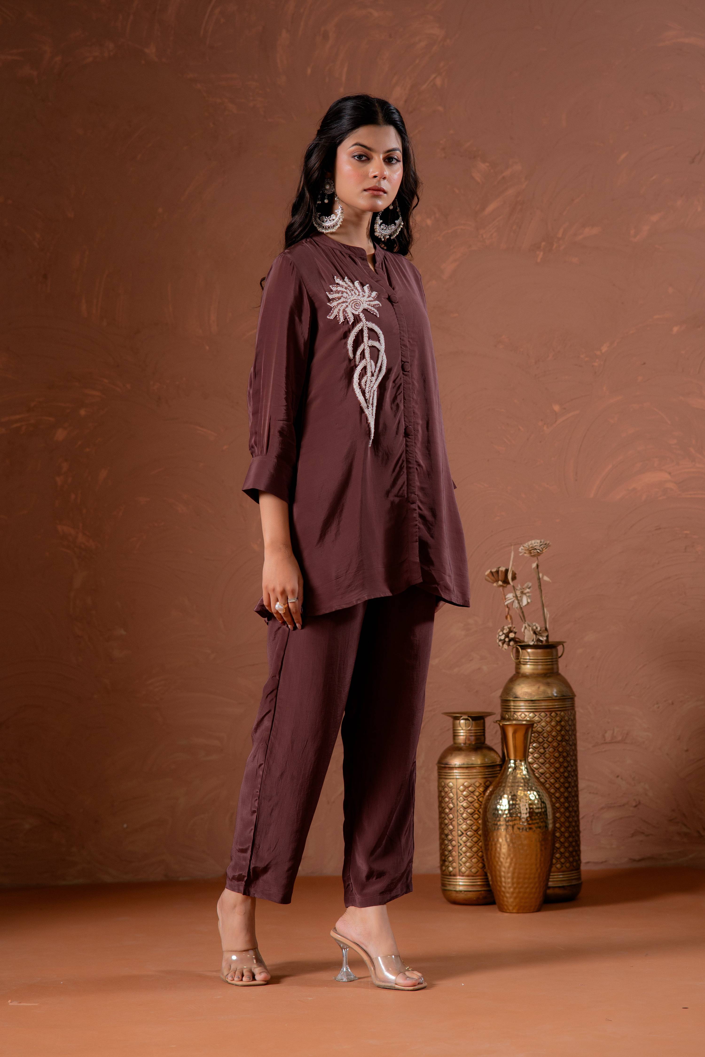 Juniper Coffee Brown Embellished Viscose Co-Ord Set With Bead Detailing