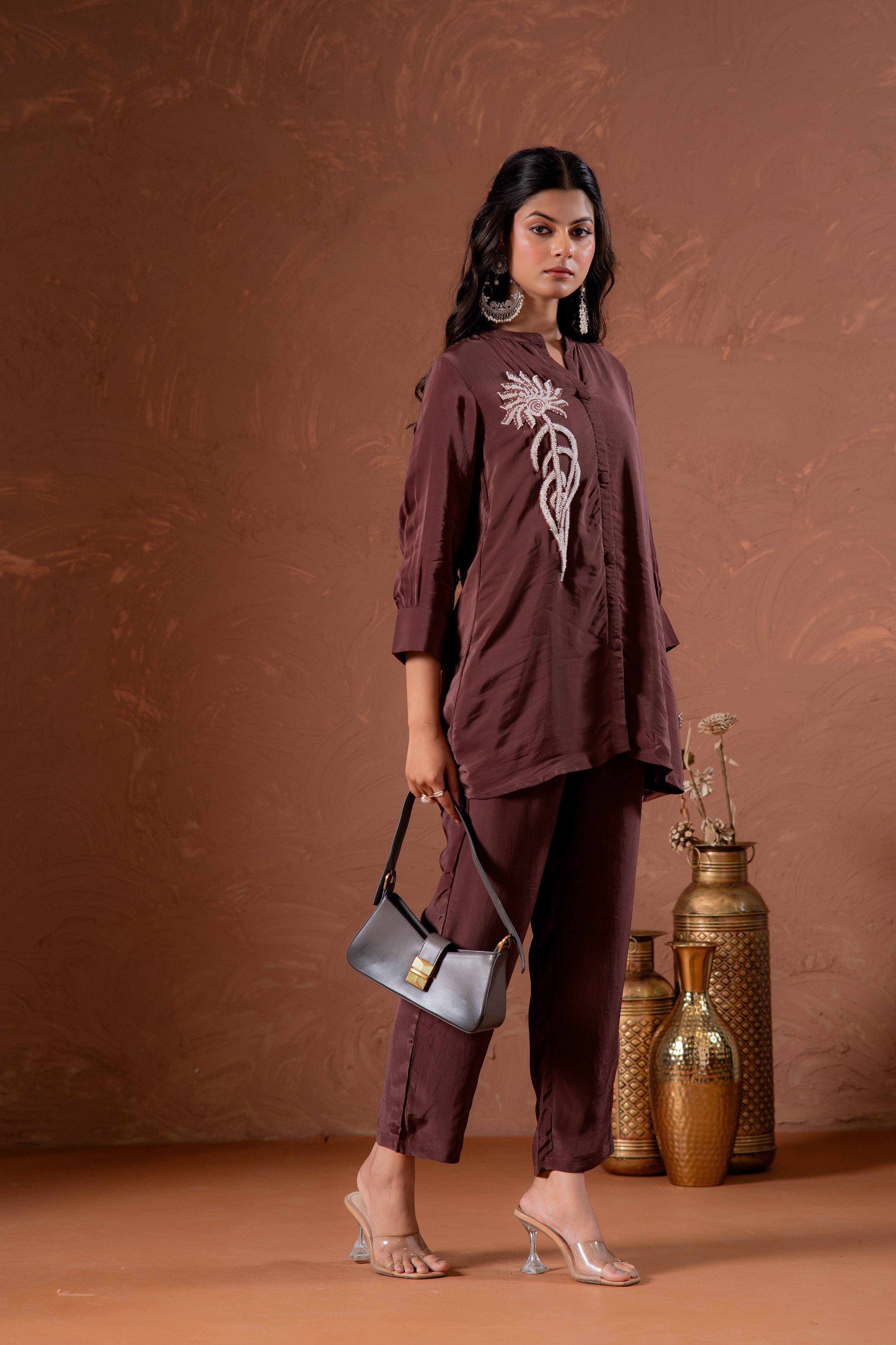 Juniper Coffee Brown Embellished Viscose Co-Ord Set With Bead Detailing
