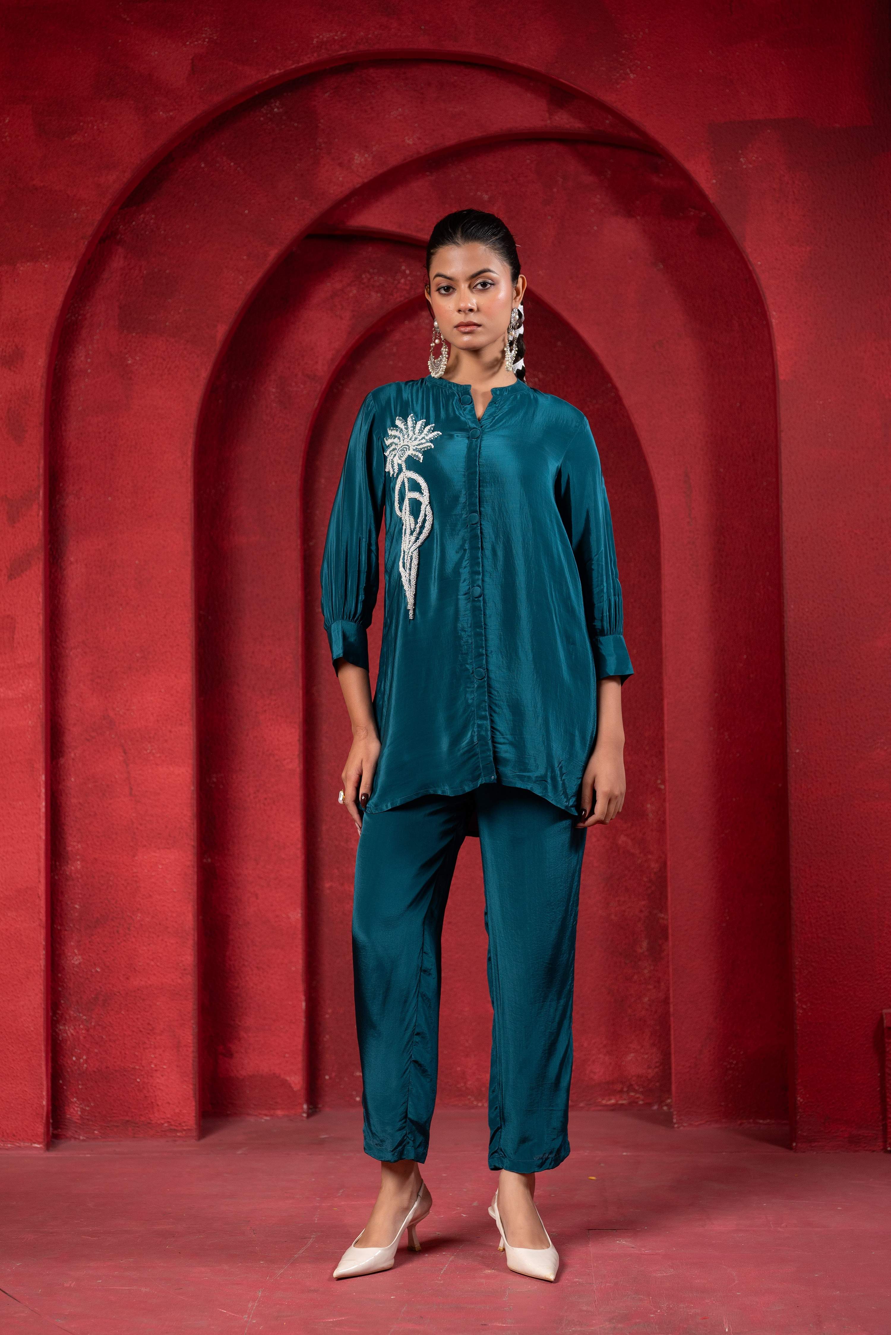 Juniper Teal Embellished Viscose Co-Ord Set With Bead Detailing