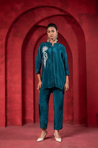 Juniper Teal Embellished Viscose Co-Ord Set With Bead Detailing