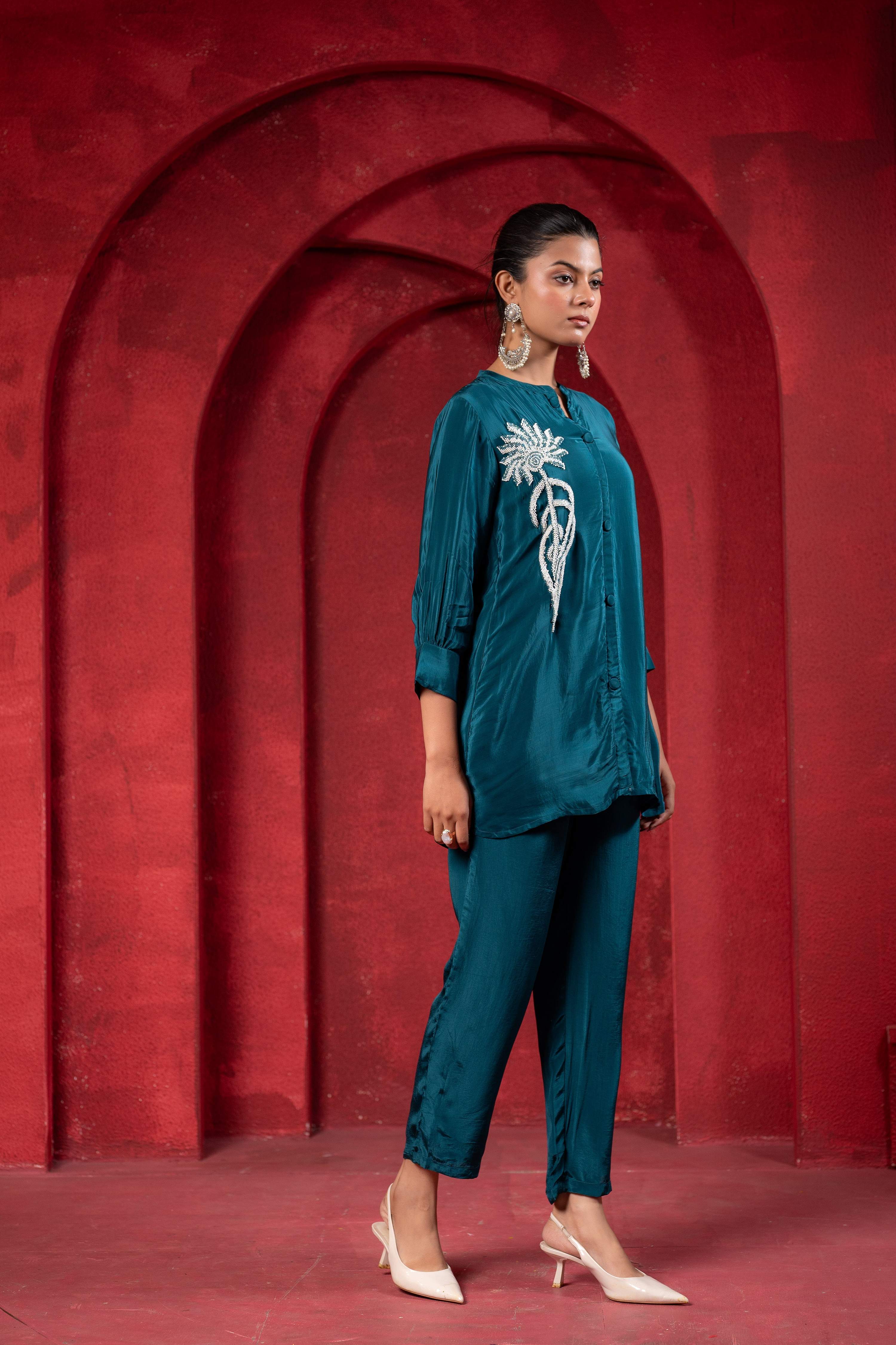 Juniper Teal Embellished Viscose Co-Ord Set With Bead Detailing