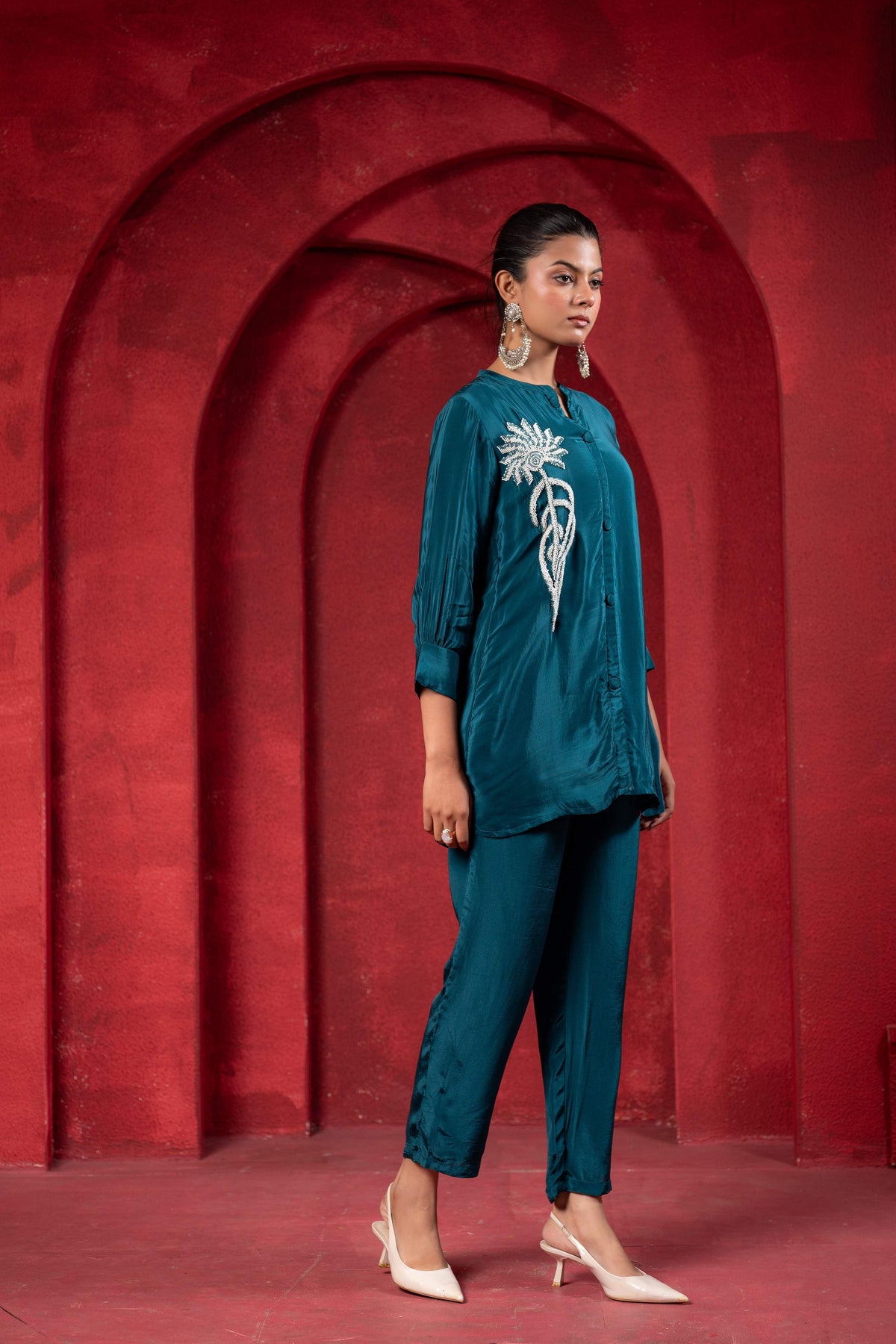 Juniper Teal Embellished Viscose Co-Ord Set With Bead Detailing - Distacart