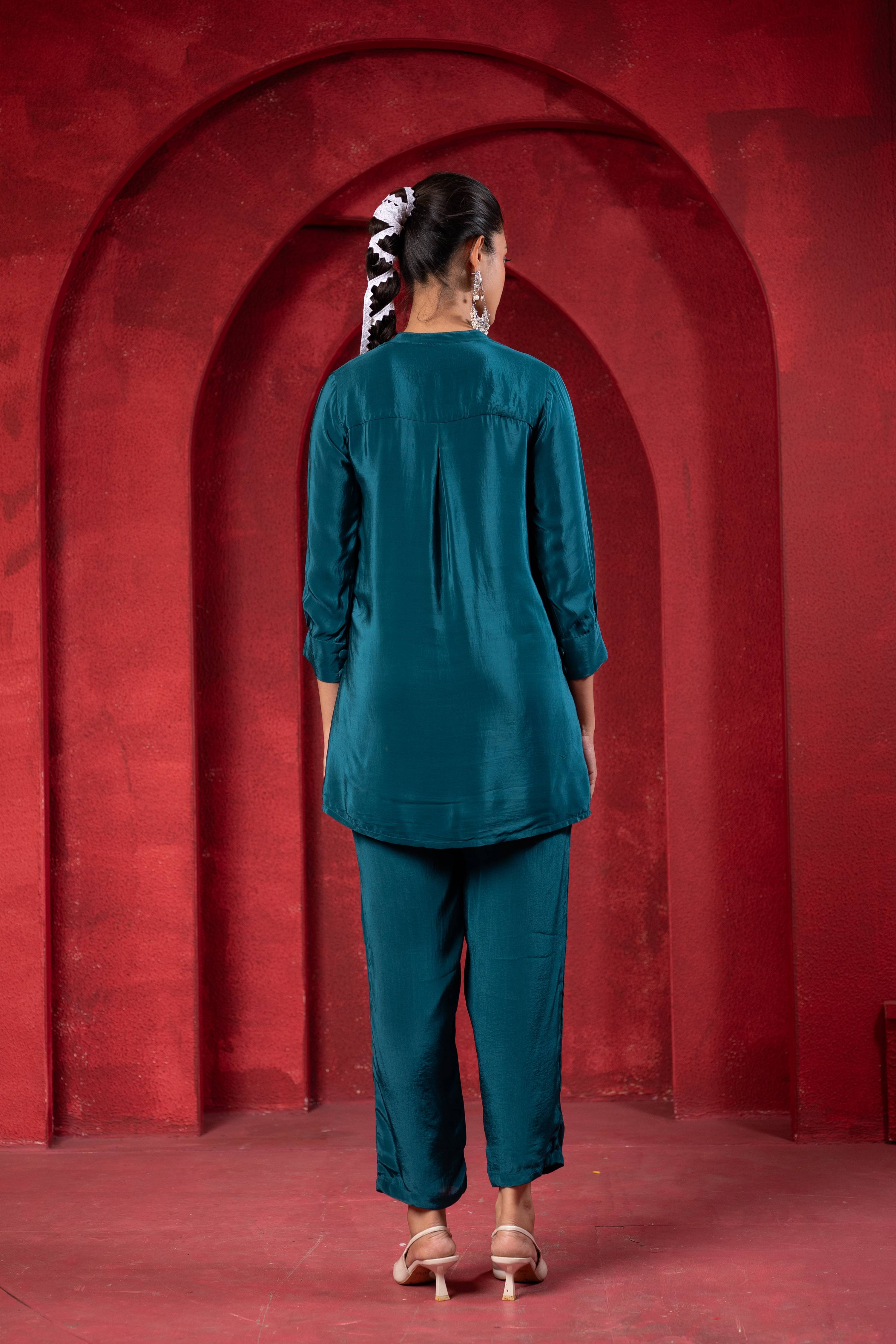 Juniper Teal Embellished Viscose Co-Ord Set With Bead Detailing