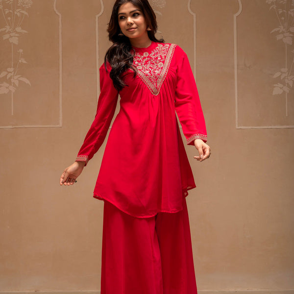 Juniper Fuchsia Solid Poly Georgette Tunic And Sharara Co-Ord Set With Sequence And Zari Work