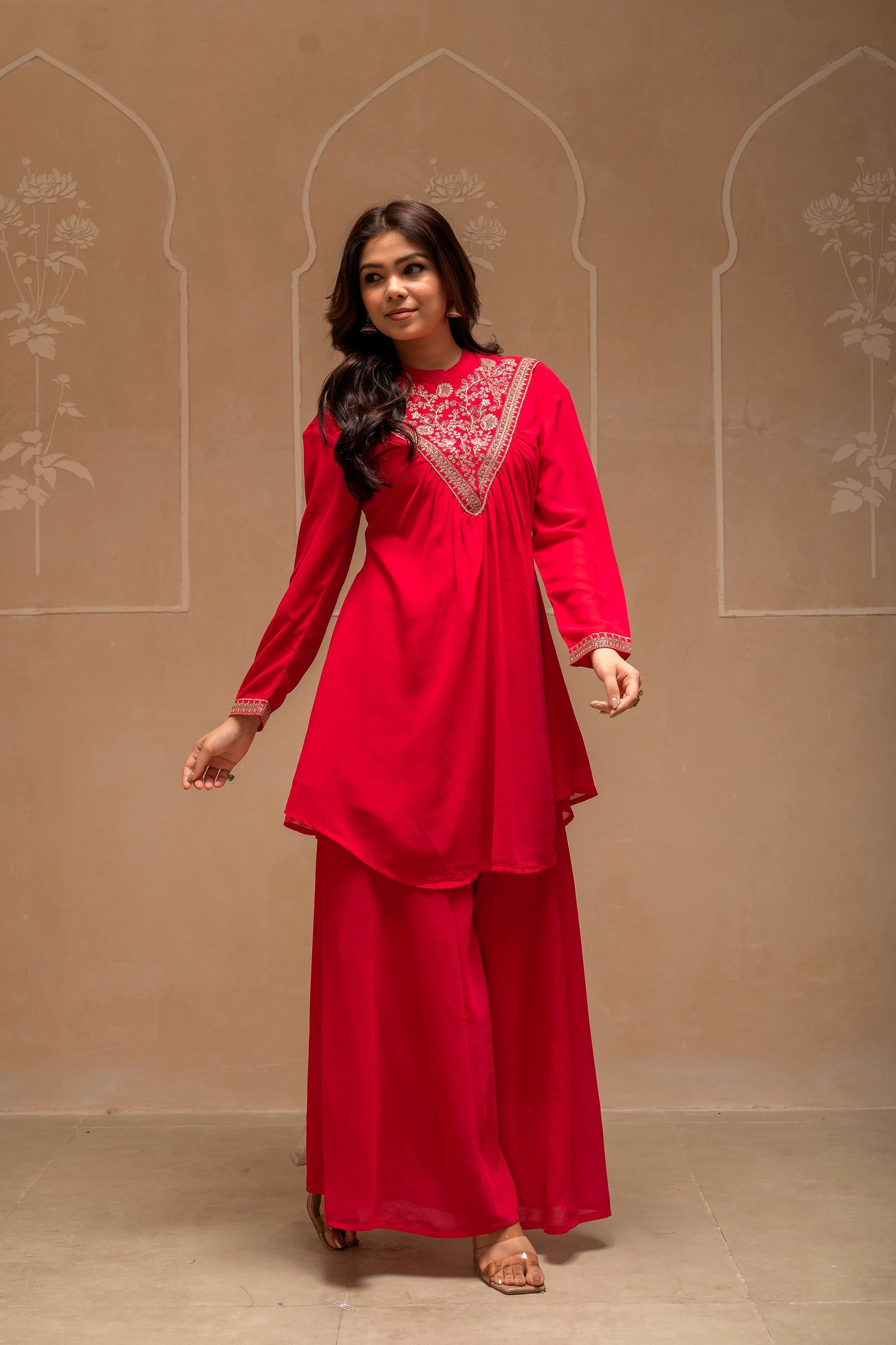 Juniper Fuchsia Solid Poly Georgette Tunic And Sharara Co-Ord Set With Sequence And Zari Work