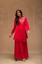 Thumbnail for Juniper Fuchsia Solid Poly Georgette Tunic And Sharara Co-Ord Set With Sequence And Zari Work